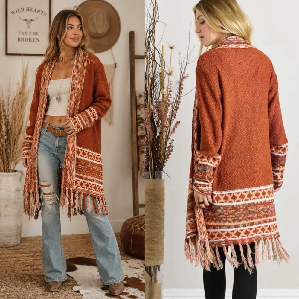 Adorn Boho Fringe Cardigan Rust Orange Southwestern Knit Duster Sweater M/L